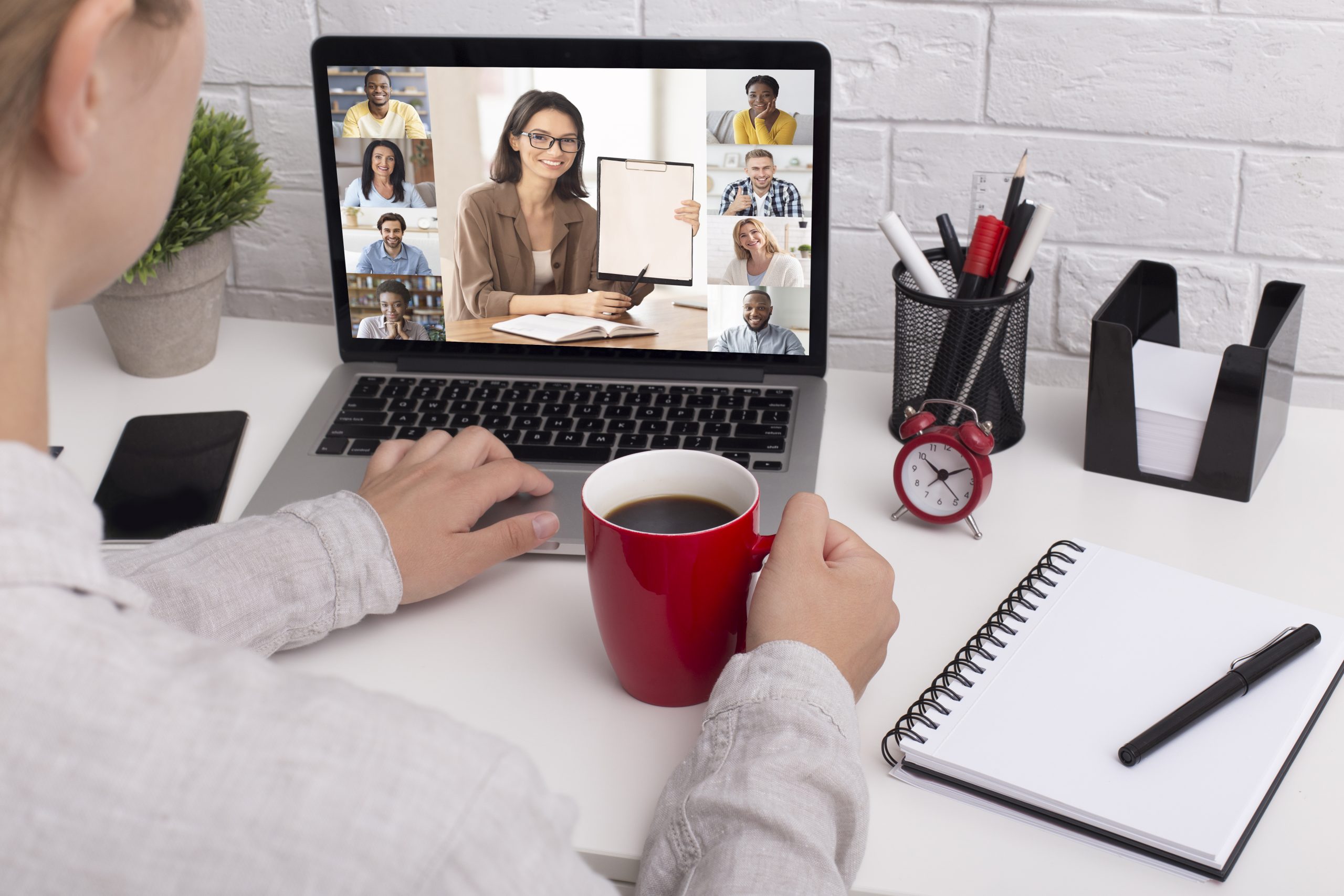 Online Training. Unrecognizable Woman Having Web Conference With Group Of Business People, Watching Webinar While Sitting With Laptop And Coffee At Workplace In Modern Office, Creative Collage