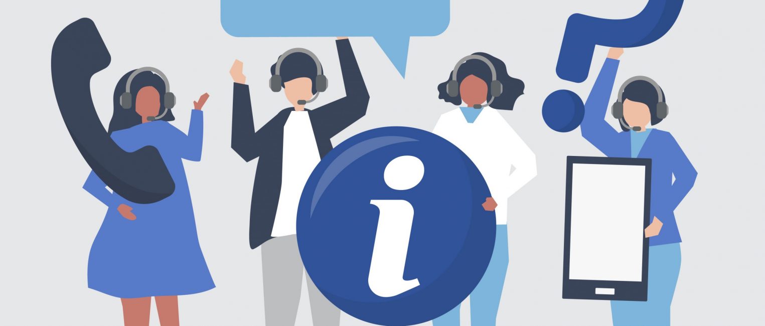 Call center operators carrying communication icons
